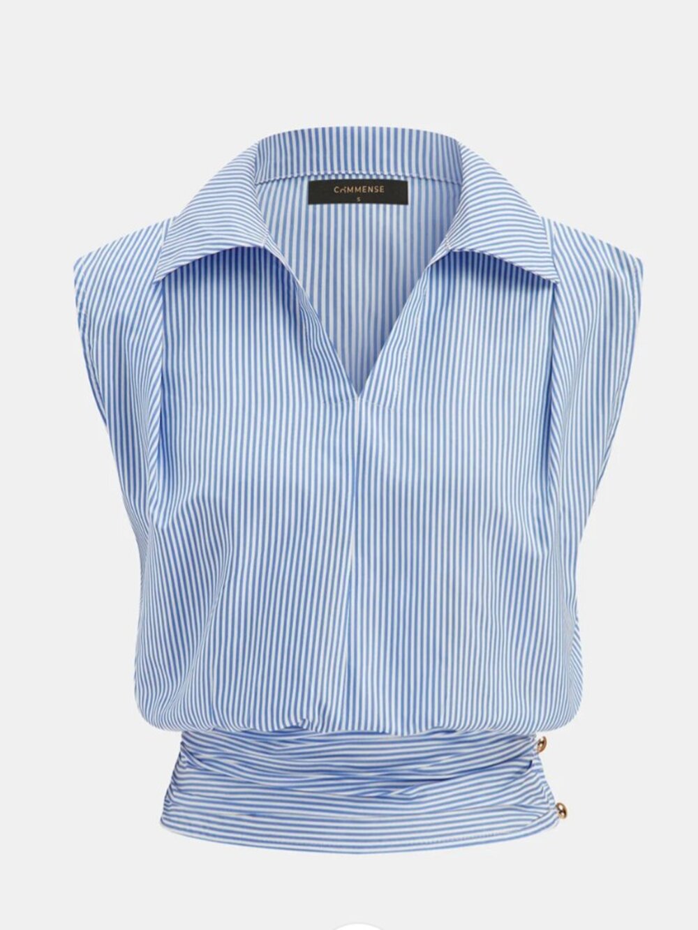 Commense Striped Collared Sleeveless Cinched Blouse S